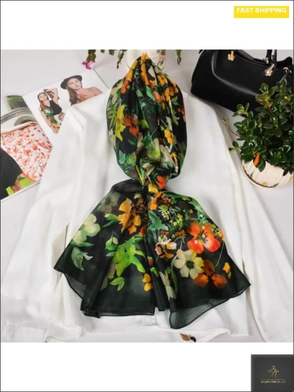 100% Mulberry Silk Scarf Floral Long Shawl Wrap 69x43 Lightweight Soft